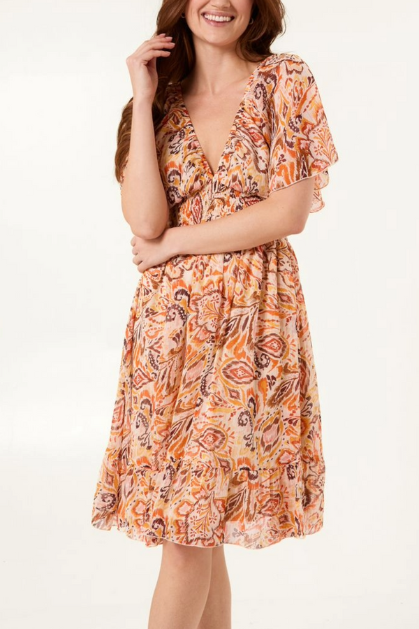 Qed London Paisley Print V-Neck Shirred Mini Dress