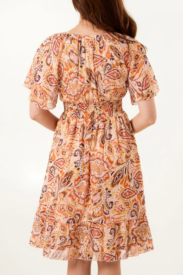 Qed London Paisley Print V-Neck Shirred Mini Dress