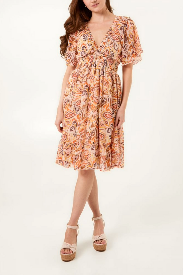 qed london Paisley Print V-Neck Shirred Mini Dress