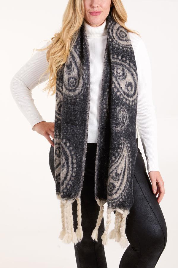Qed London Paisley Printed Tassel Scarf