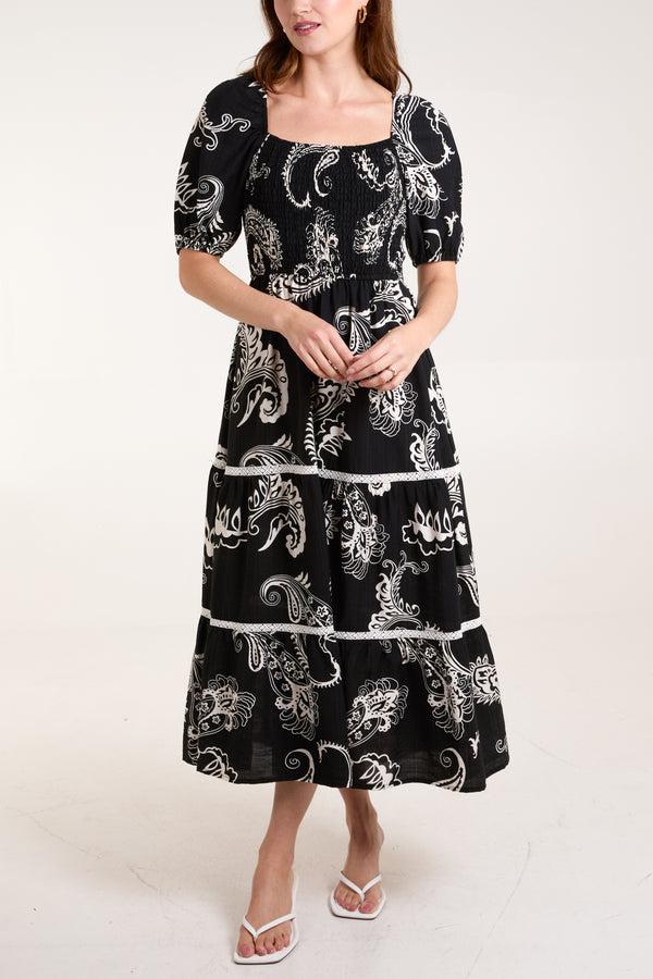 Qed London Paisley Shirred Square Neck Dress