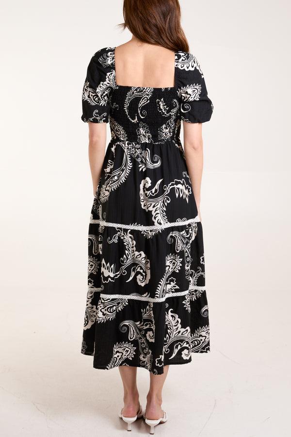Qed London Paisley Shirred Square Neck Dress