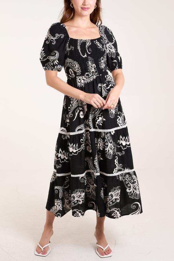 Qed London Paisley Shirred Square Neck Dress