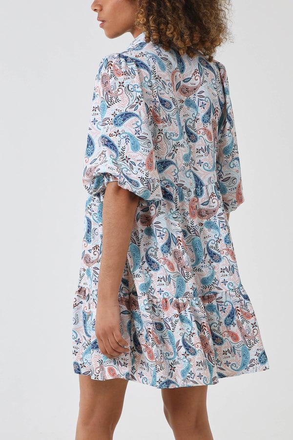 Qed London Paisley Trapeze Tiered Shirt Dress