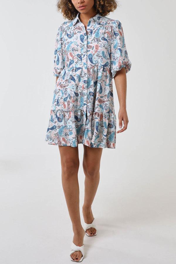 qed london Paisley Trapeze Tiered Shirt Dress