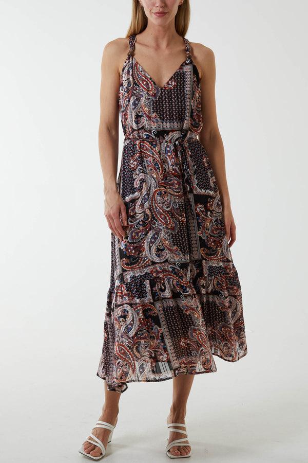qed london Paisley Wooden Bead Strappy Midi Dress