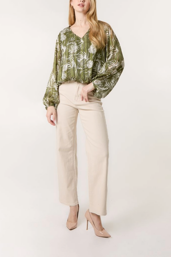Qed London Palm Leaf Print V-Neck Puffball Blouse