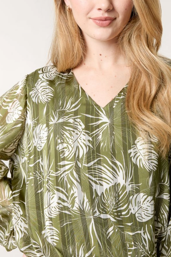 Qed London Palm Leaf Print V-Neck Puffball Blouse