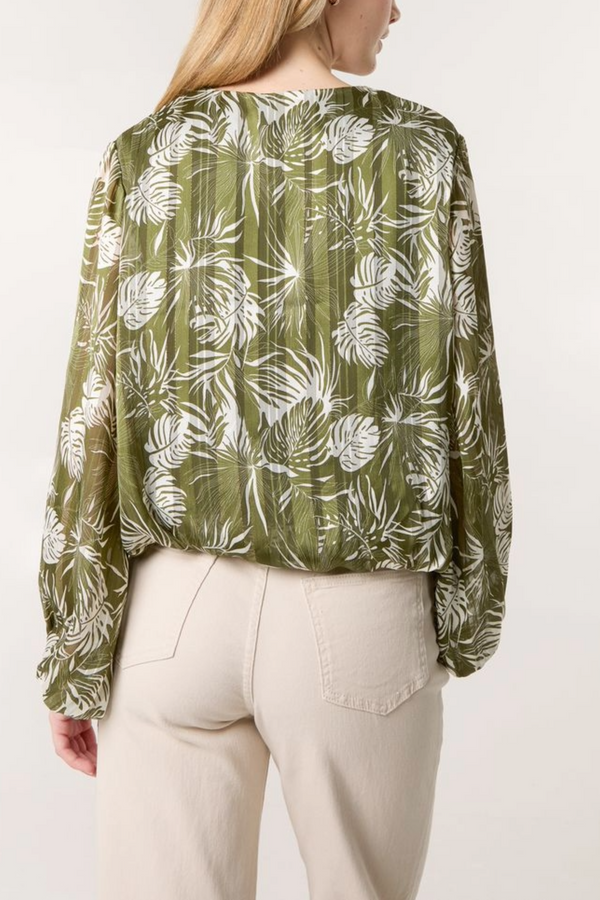 Qed London Palm Leaf Print V-Neck Puffball Blouse