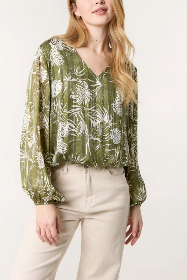 qed london Palm Leaf Print V-Neck Puffball Blouse