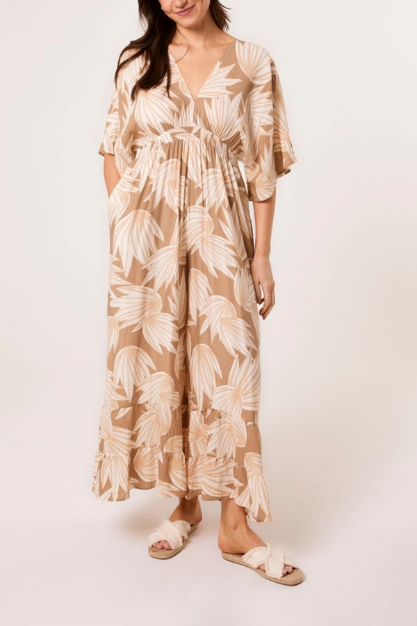 Qed London Palm Leaf Print Wide Leg Jumpsuit