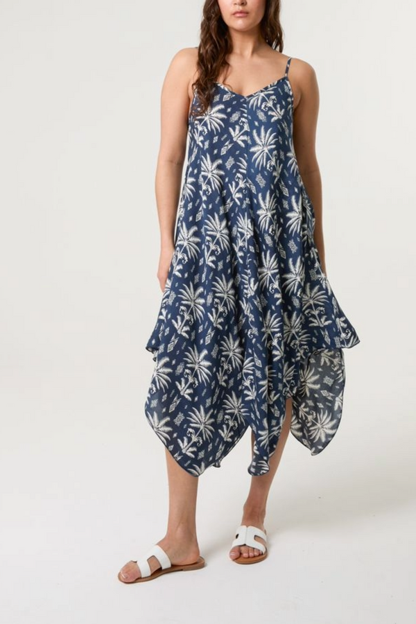 Qed London Palm Tree Print Hanky Hem Dress