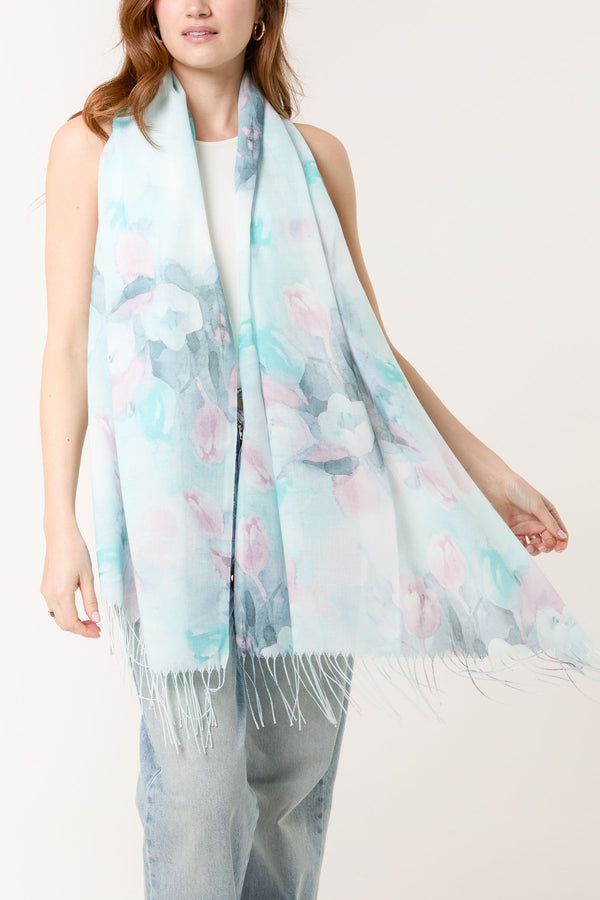 Qed London Pastel Floral Print & Tassel Scarf