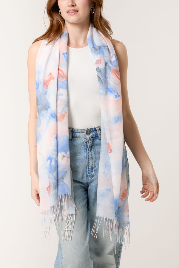 qed london Pastel Floral Print & Tassel Scarf