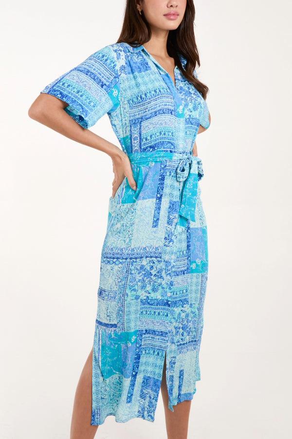 Qed London Patchwork Button Tie Front Midi Dress