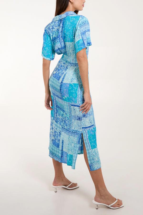 Qed London Patchwork Button Tie Front Midi Dress