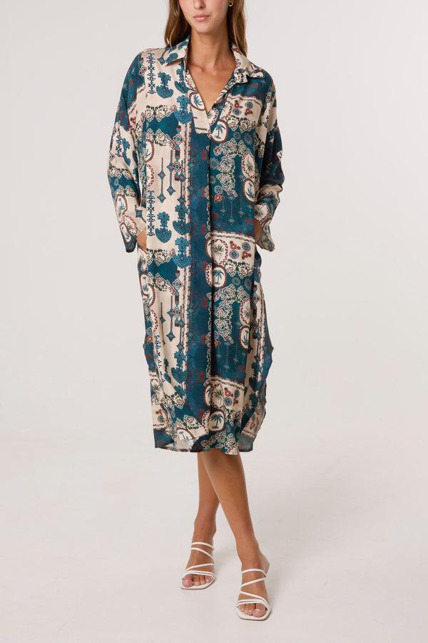 qed london Patchwork Collar Pockets Midi Dress