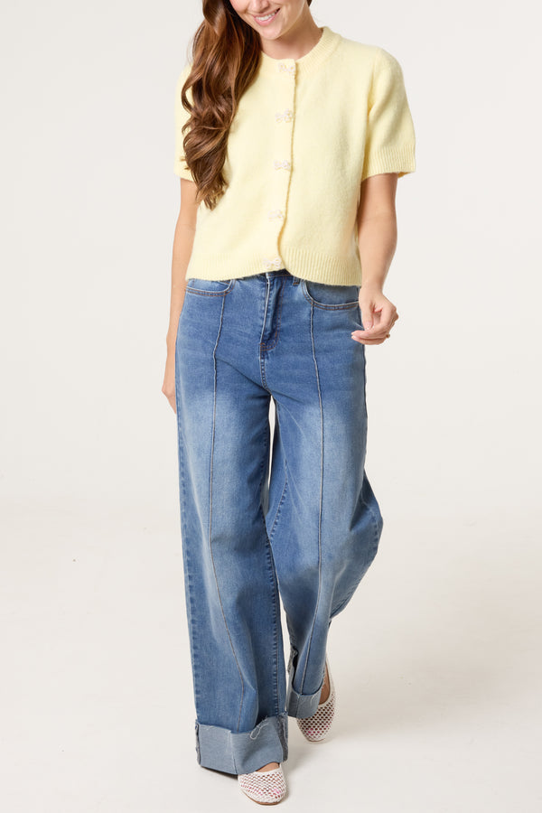 Qed London Pearl Bow Button Knit Cardigan