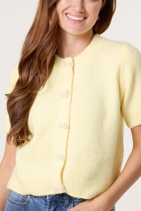 Qed London Pearl Bow Button Knit Cardigan