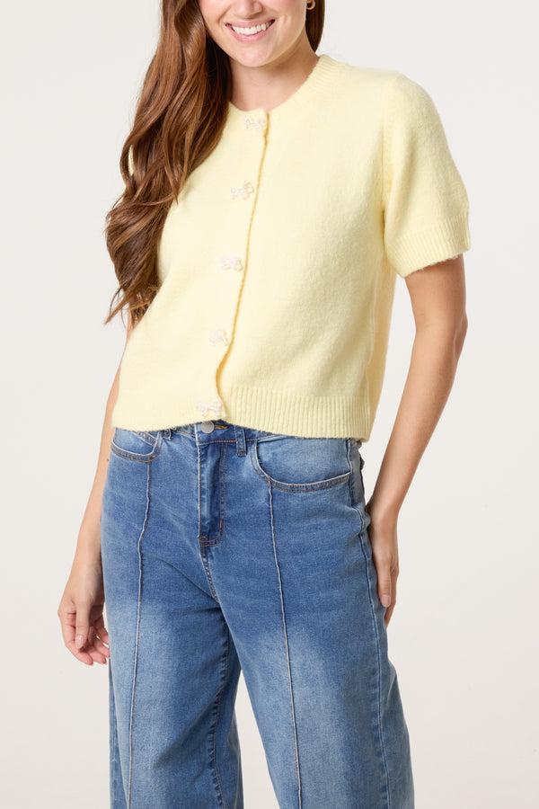 qed london Pearl Bow Button Knit Cardigan