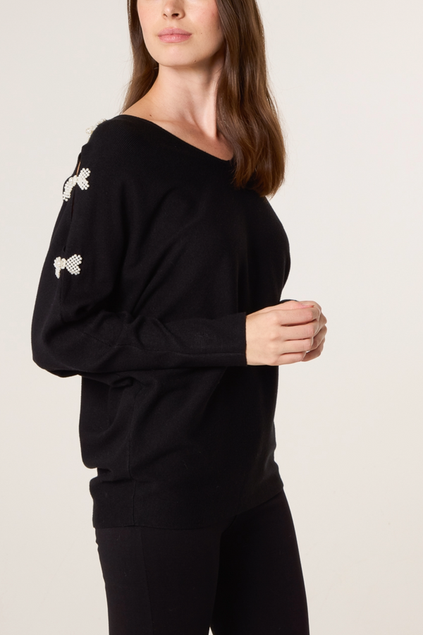 qed london Pearl Bow Cut Out Sleeve Jumper