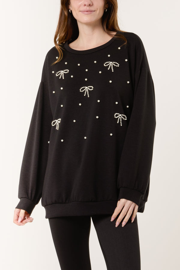 Qed London Pearl Bows Soft Touch Sweatshirt