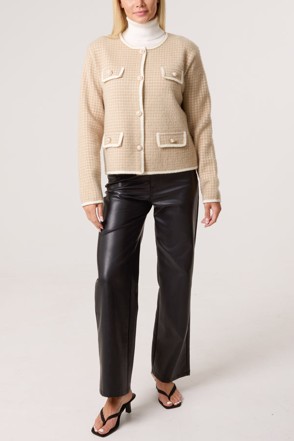 Qed London Pearl Button Check Knit Cardigan