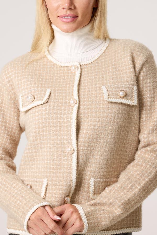 Qed London Pearl Button Check Knit Cardigan