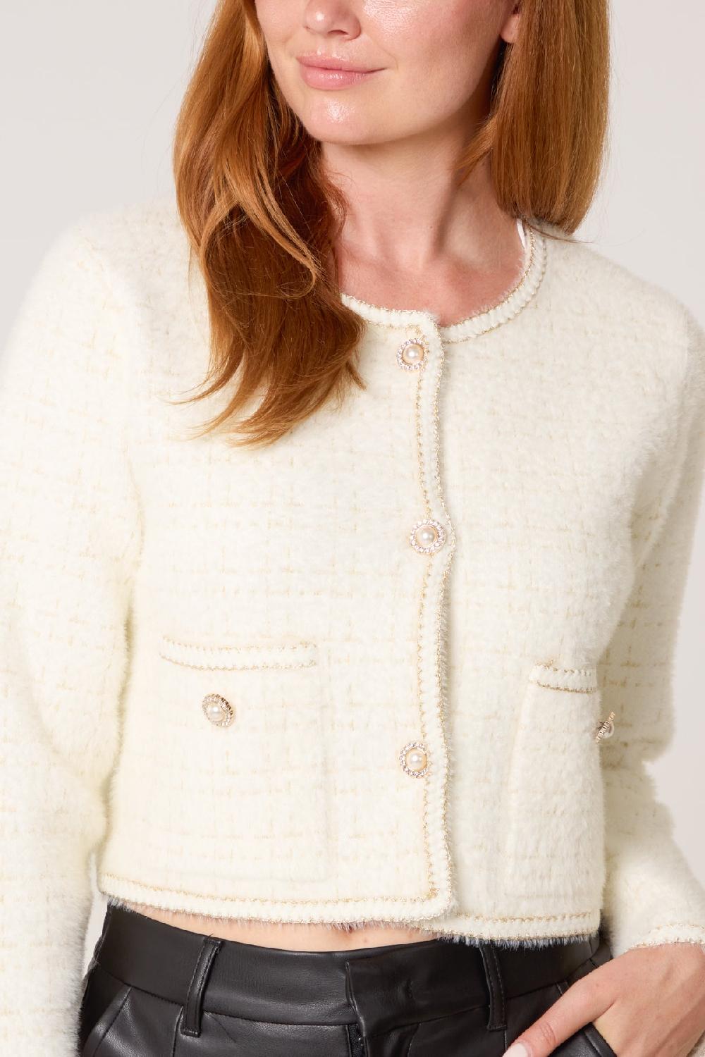 Qed London Pearl Button Check Knit Cardigan