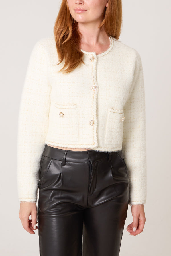 Qed London Pearl Button Check Knit Cardigan