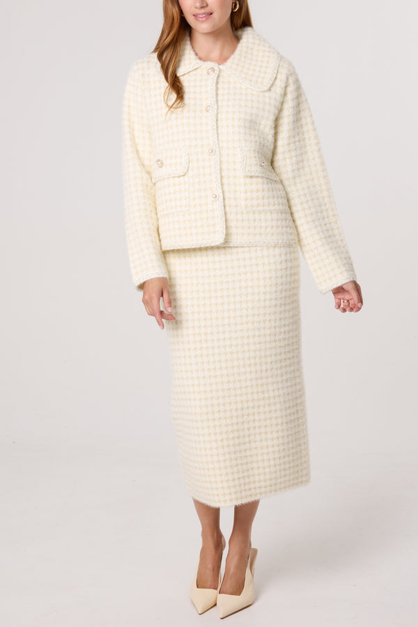 Qed London Pearl Button Check Knit Cardigan & Skirt
