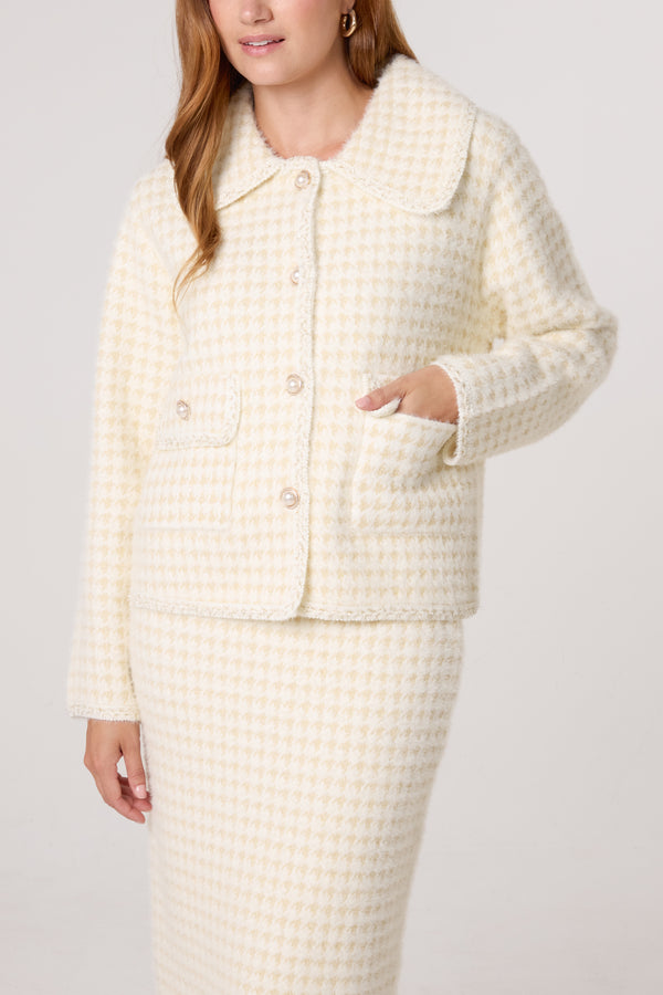 Qed London Pearl Button Check Knit Cardigan & Skirt