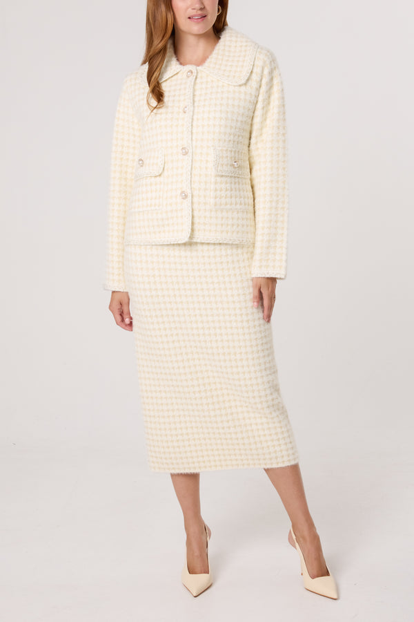qed london Pearl Button Check Knit Cardigan & Skirt
