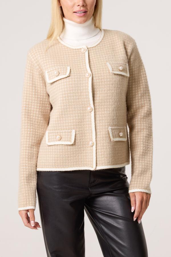 qed london Pearl Button Check Knit Cardigan