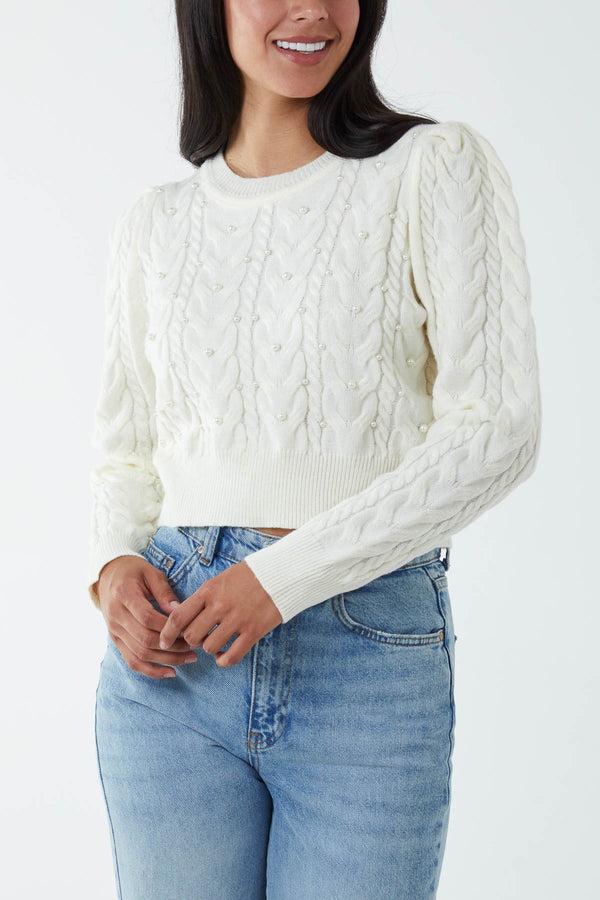 qed london Pearl Cable Knit Cropped Jumper