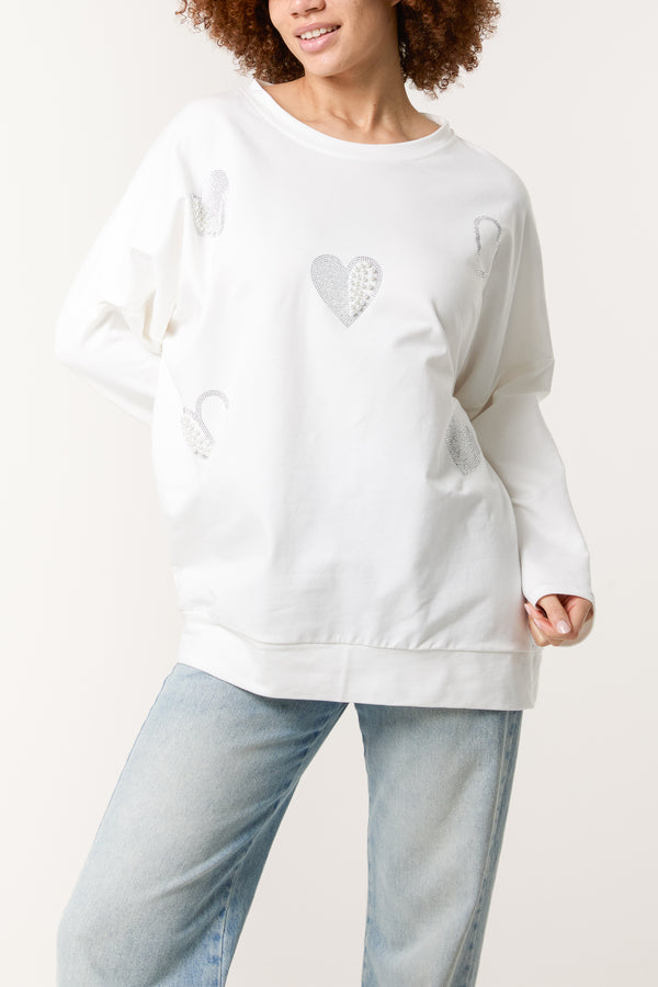 Qed London Pearl & Diamante Heart Cotton Top
