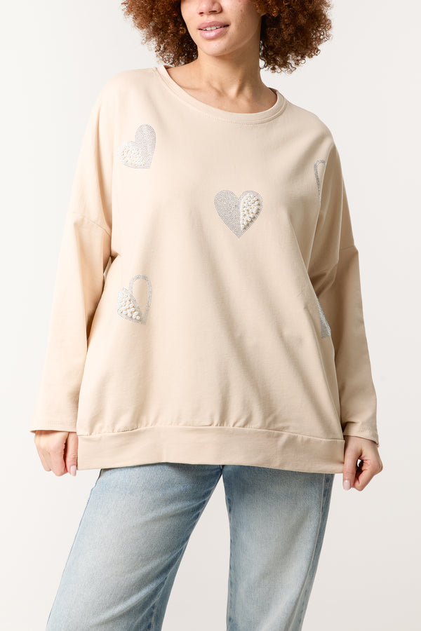 qed london Pearl & Diamante Heart Cotton Top