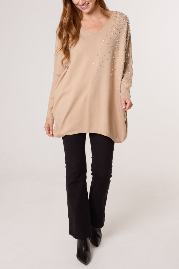 Qed London Pearl & Diamante Side V-Neck Jumper