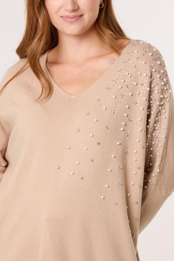 Qed London Pearl & Diamante Side V-Neck Jumper