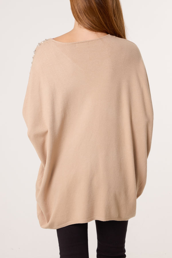 Qed London Pearl & Diamante Side V-Neck Jumper