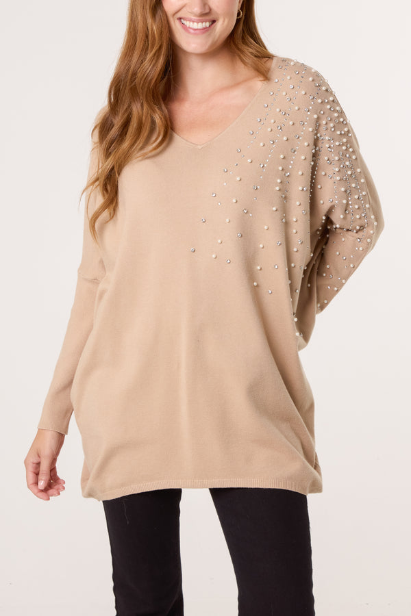 qed london Pearl & Diamante Side V-Neck Jumper