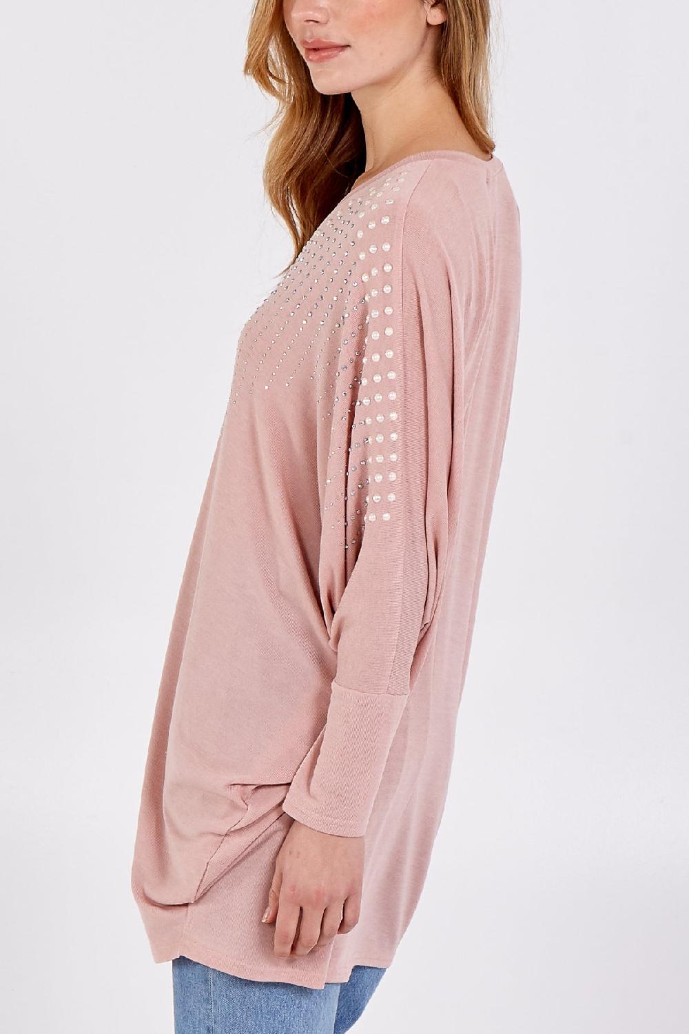 Qed London Pearl Embellished Batwing Top