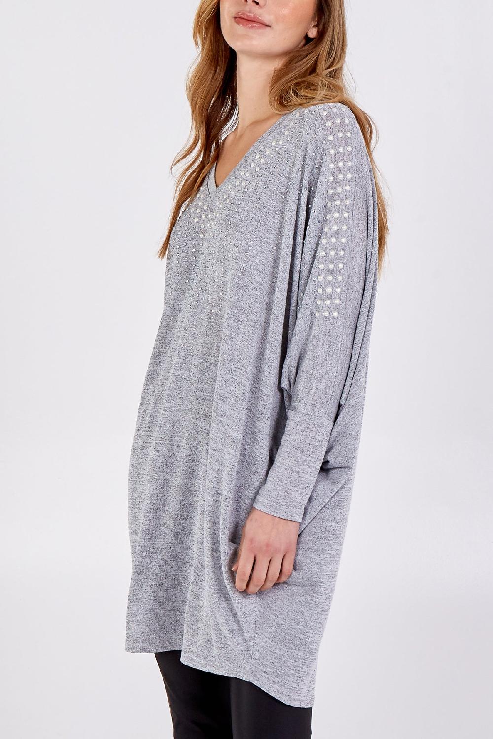 Qed London Pearl Embellished Batwing Top