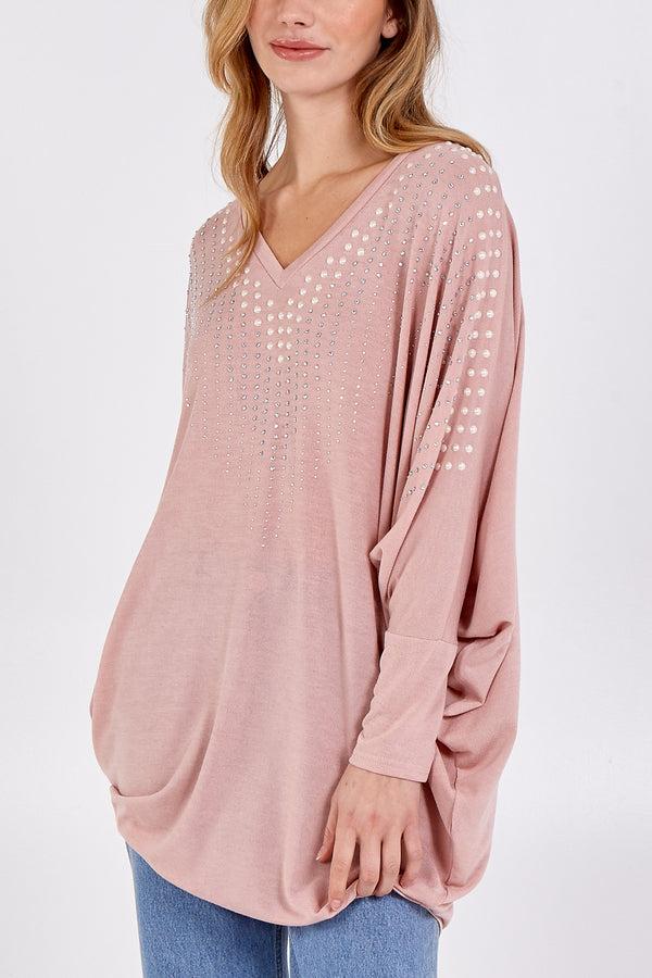 qed london Pearl Embellished Batwing Top