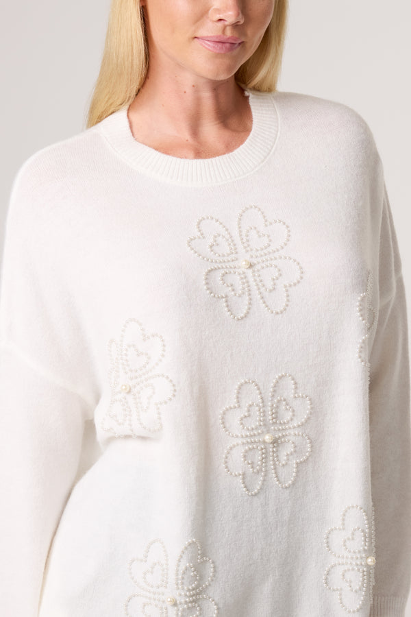 Qed London Pearl Embellished Flower Jumper