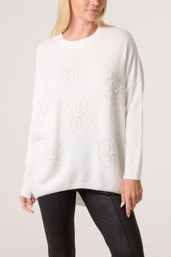qed london Pearl Embellished Flower Jumper