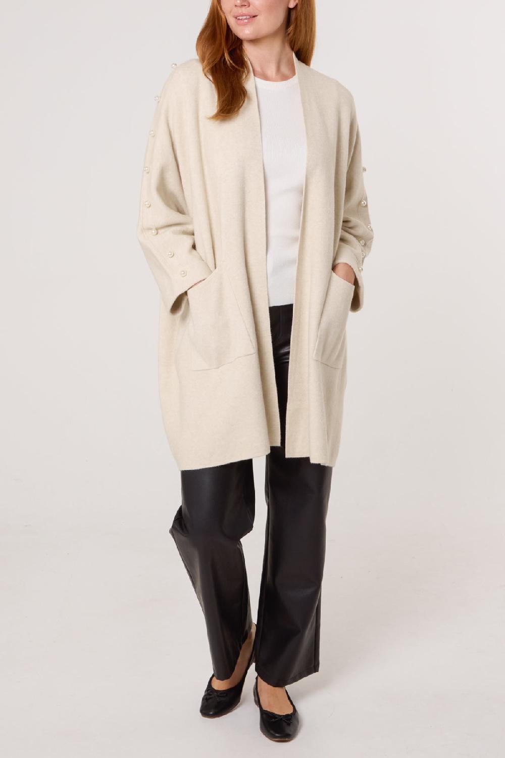 Qed London Pearl Sleeve Embellished Open Cardigan
