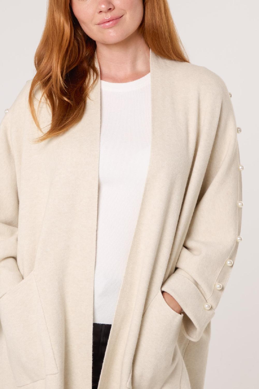 Qed London Pearl Sleeve Embellished Open Cardigan