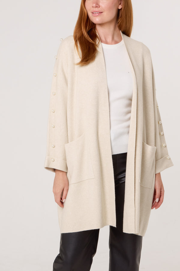 qed london Pearl Sleeve Embellished Open Cardigan