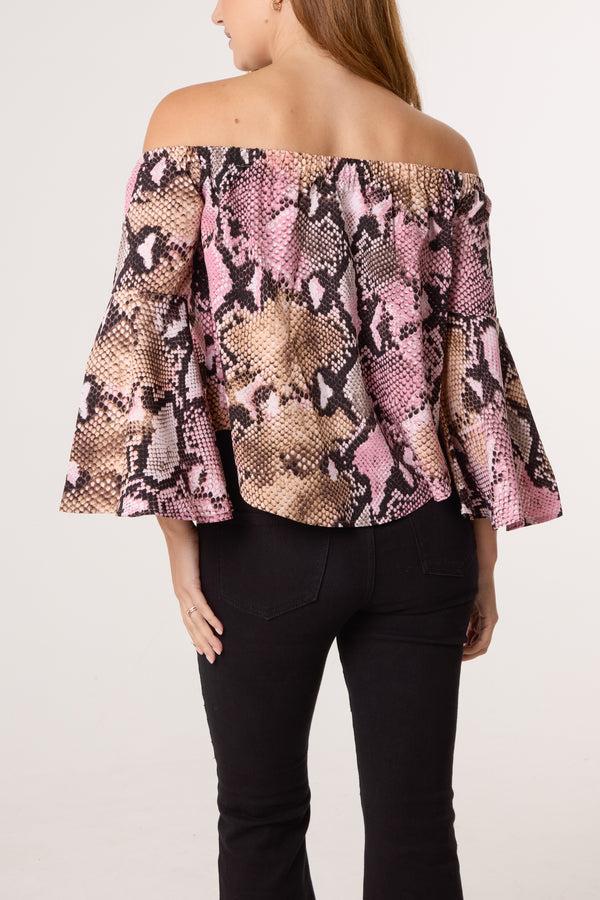 Qed London Pink Snake Print Bardot Top